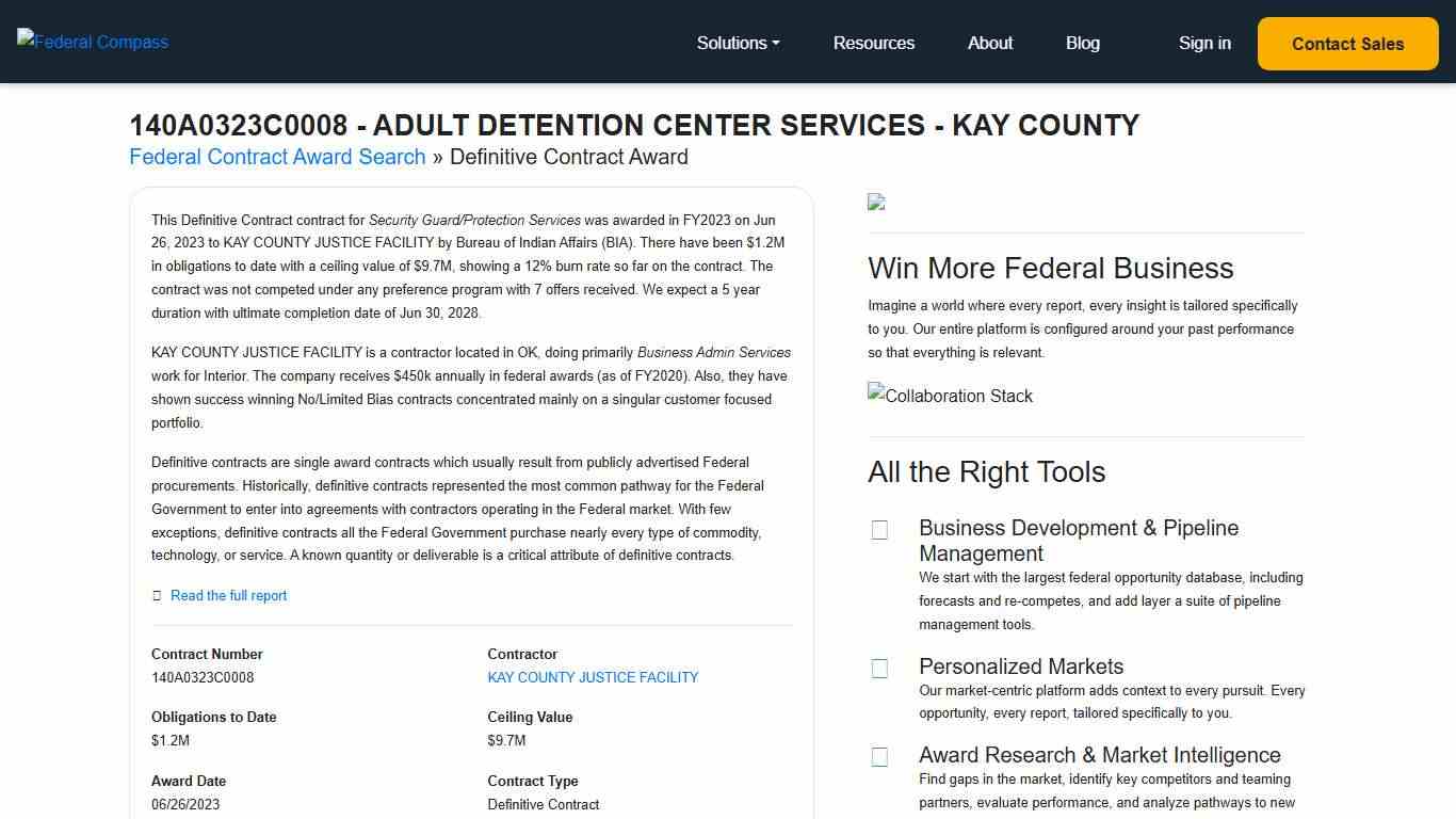 Interior Award 140A0323C0008 ADULT DETENTION CENTER SERVICES - KAY COUNTY